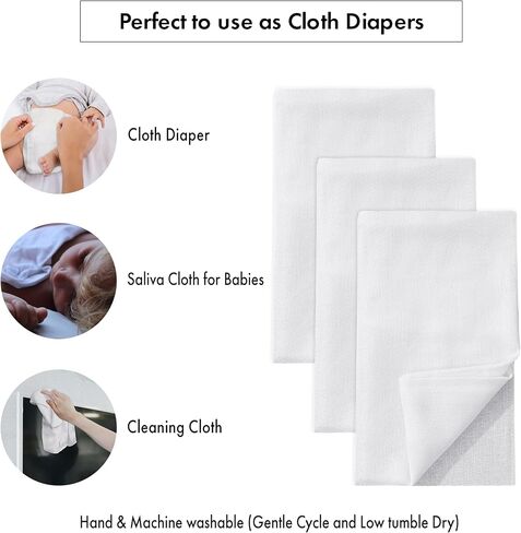 RUVANTI 10 Pack Birdseye Flat-Fold Cloth Diapers for Babies, 100% Cotton Extra Large Reusable Diapers, Baby Burp Cloths in Kuwait