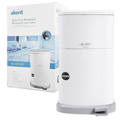 Janibell Akord 330 Adult Diaper Pail System – Holds Up to 35 Adult Diapers per Load, 560 Diapers per Refill Roll, 11-Gallon Hands-Free Step-On Trash Can, Odor-Locking Double Seal, White Resin in Kuwait