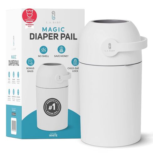 L.A. BABY Magic Diaper Pail - Patented 100% Odor-Free System with Child-Safe Lock - Award-Winning Design - No Refills Required - Works with Regular Trash Bags - White in Kuwait