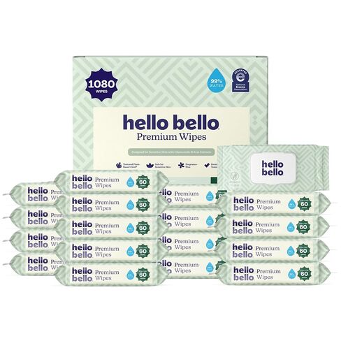 Hello Bello Premium Fragrance-Free Baby Wipes, with Chamomile & Aloe Extracts for Sensitive Skin - 12 Resealable Packs = 720 Total Wipes in Kuwait