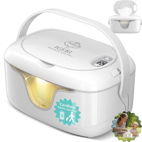 Portable Baby Wipe Warmer - Cordless Rechargeable Wet Wipes Dispenser for Travel Battery Operated with Nightlight Temperature Control for On the Go in Kuwait