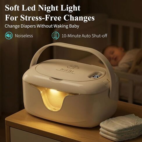 Portable Baby Wipe Warmer - Cordless Rechargeable Wet Wipes Dispenser for Travel Battery Operated with Nightlight Temperature Control for On the Go in Kuwait