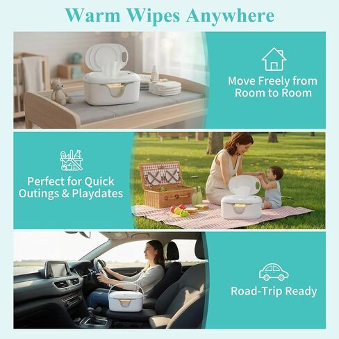 Portable Baby Wipe Warmer - Cordless Rechargeable Wet Wipes Dispenser for Travel Battery Operated with Nightlight Temperature Control for On the Go in Kuwait