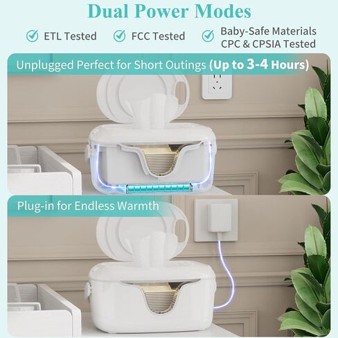 Portable Baby Wipe Warmer - Cordless Rechargeable Wet Wipes Dispenser for Travel Battery Operated with Nightlight Temperature Control for On the Go in Kuwait