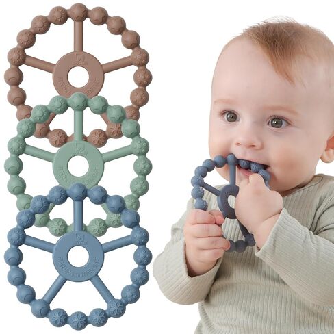 3 Pack Ring Teether Baby Infant Toys, Baby Essentials, Silicone Teething Ring Toys for Babies 0-6 Months, Seposeve Toddler Teethers 6-12 Months 12-24 Months, Infant Teething Relief, Purple Pink White in Kuwait