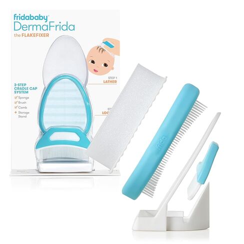 Frida Baby The 3-Step Cradle Cap System, DermaFrida The FlakeFixer, Sponge, Brush, Comb and Storage Stand for Babies with Cradle Cap, White-Blue in Kuwait