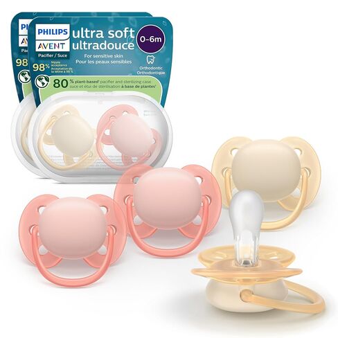 Philips Avent Ultra Soft Pacifiers - Orthodontic Design, for Babies 0-6 Months, Flexible Shield, Silicone Symmetrical Nipple, BPA-Free, 2 Sterilizing Cases, 4 Pack, SCF091/47 in Kuwait