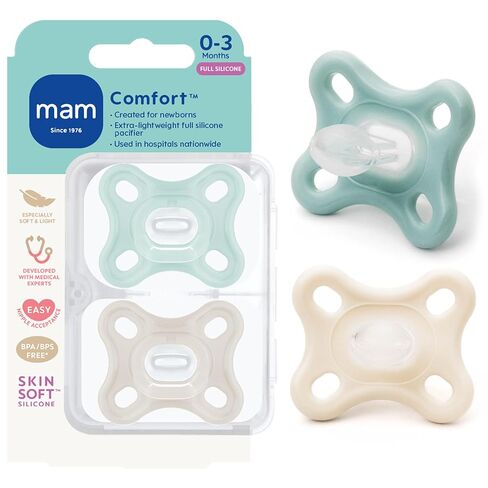 MAM Comfort Baby Pacifier 0-3 Mths Lightweight One-Piece Silicone 2 Pack in Kuwait