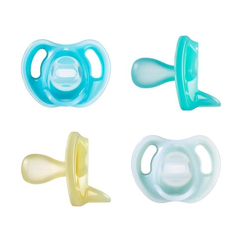 Tommee Tippee Ultra-Light Silicone Pacifier, 0-6 Months Blue & Green | For Newborns With Symmetrical One-Piece Design, BPA-Free Silicone Binkies, With Blue, Green & Clear, Pack of 4 in Kuwait