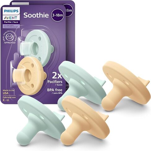 Philips Avent Soothie Baby Pacifiers - 100% Silicone Pacifiers for Babies 3-18 Months, One-piece Design, BPA-Free, Extra Durable, Sky Blue and Light Blue, 4 Pack, Model SCF192/71 in Kuwait