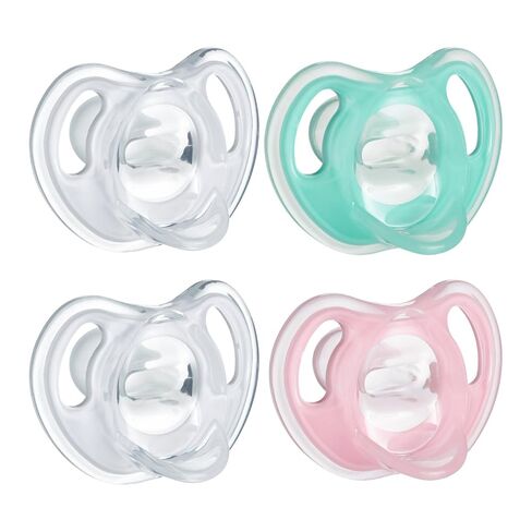 Tommee Tippee Ultra-Light Silicone Pacifier, 0-6 Months, Symmetrical One-Piece Design, BPA-Free Silicone Binkies, Clear/Blue/Green, Pack of 4 in Kuwait