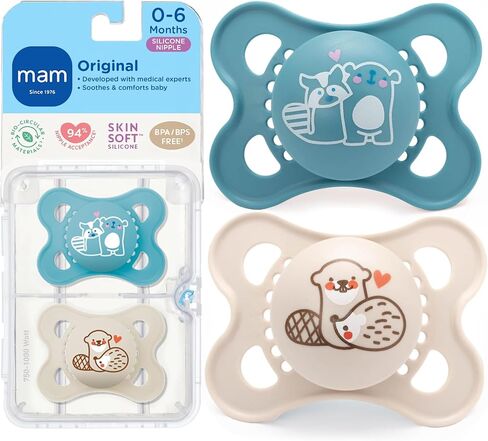 MAM Original Baby Pacifier 0-6 Mths, Skin Soft Silicone Nipple, 2 Pack in Kuwait