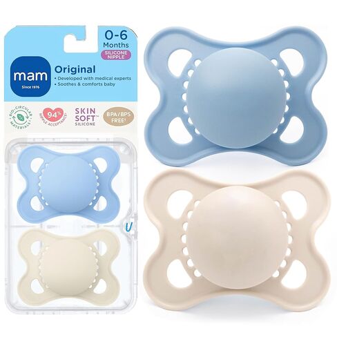 MAM Original Baby Pacifier 0-6 Mths, Skin Soft Silicone Nipple, 2 Pack | For Newborn Babies, BPA-Free Skin Soft Silicone Nipple, Developed With Medical Experts, With Sterilizer Case, Made In Europe in Kuwait