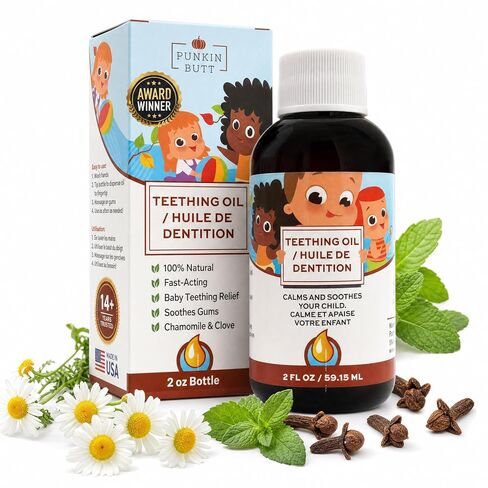Punkin Butt - Natural Herbal Teething Oil for Babies - Daily Use Soothing Relief Drops | Baby, Infant, Toddler Gum & Tooth Relief | Organic Chamomile, Clove & Peppermint Infusion - 1oz with Dropper in Kuwait
