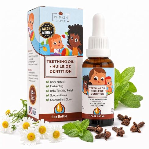 Punkin Butt - Natural Herbal Teething Oil for Babies - Daily Use Soothing Relief Drops | Baby, Infant, Toddler Gum & Tooth Relief | Organic Chamomile, Clove & Peppermint Infusion - 1oz with Dropper in Saudi Arabia