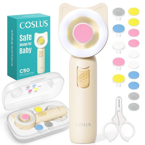 COSLUS C50 Baby Electric Nail File Trimmer, Gentle & Safe | Quiet Baby Nail Clipper with 360° Night Light for Sleep Grinding, 16-in-1 Kit for Newborn, Infant, Toddler, Lemon Yellow in Kuwait