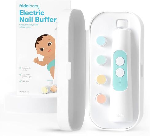 Frida Baby Electric Nail Buffer | Safe + Easy Baby Nail File, Baby Nail Clippers + Nail Trimmer Kit for Newborn, Toddler, Children's Fingernails/Toenails, 4 Buffer Pads, LED Light, Storage Case, White in Kuwait