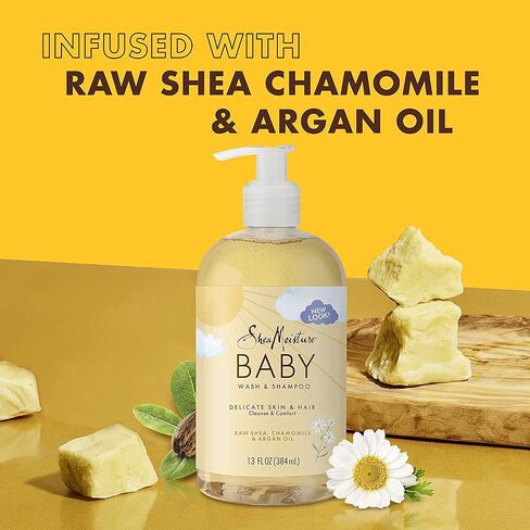 SheaMoisture Baby Wash & Shampoo for All Skin Types Raw Shea, Chamomile & Argan Oil Baby Wash and Shampoo with Frankincense & Myrrh to Help Cleanse 13 oz, Gold, Packaging may vary in Saudi Arabia