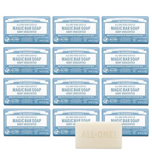 Dr. Bronner's Pure-Castile Magic Bar Soap (Baby Unscented, 5 Ounce, 12-Pack) - Made with Regenerative Organic Certified Oils, Gentle for Sensitive Skin & Babies, Non-GMO, Vegan in Kuwait
