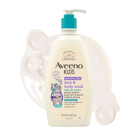 Aveeno Kids Sensitive Skin Face and Body Wash with Oat Extract, Gently Washes Away Dirt and Germs Without Drying, Tear-Free, Hypoallergenic Kids Body Wash, 18 fl. oz, 2 Pack in Saudi Arabia