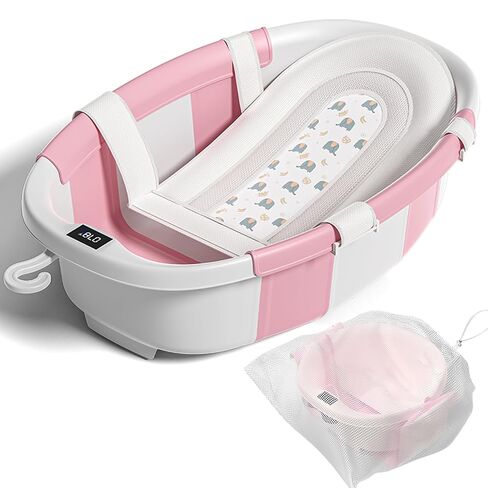 Collapsible Baby Bathtub with Soft Cushion and Thermometer, Newborn to Toddler Tub 0-36 Months with Toy Storage Mesh Bag, Portable Travel Bath for Infants (Grey) in Kuwait