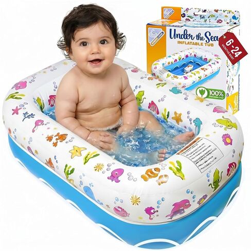 Mommy's Helper | Inflatable Under The Sea Baby Bathtub, Collapsible Safe Baby Bath Tub with Anti-Sliding Saddle Horn Seat, Must Have Travel Toddler Bath, Portable Bathtub Recommended Months 6 to 24 in Kuwait
