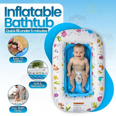 Mommy's Helper | Inflatable Under The Sea Baby Bathtub, Collapsible Safe Baby Bath Tub with Anti-Sliding Saddle Horn Seat, Must Have Travel Toddler Bath, Portable Bathtub Recommended Months 6 to 24 in Kuwait