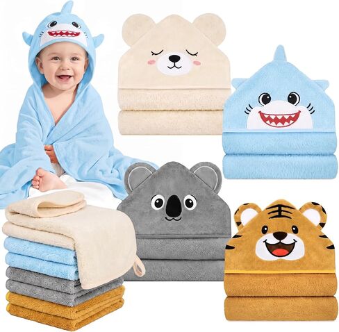 12 PCS Baby Bath Towels Set for Infants Toddlers Essentials | 4 PCS Baby Towels & 8 PCS Washcloths Set, Cute Animal Hooded, Ultra Absorbent & Soft, Newborn Shower Gifts for Boys & Girls in Kuwait