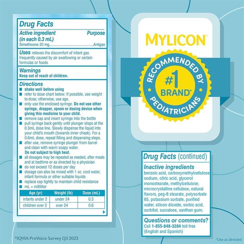 MYLICON Gas Relief Drops for Infants and Babies, Dye Free Formula, 1 Fluid Ounce (Updated Syringe) in Kuwait