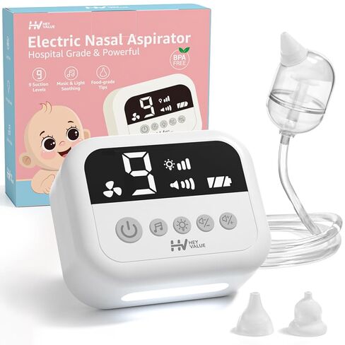 heyvalue nasal abortor for baby ، مصاصة أنف في المستشفى مع 9 مستويات الشفط ، وضوء ليلي وقافية الحضانة ، وشفط الأنف الكهربائي للطفل مع نصائح السيليكون من فئة الطعام in Kuwait