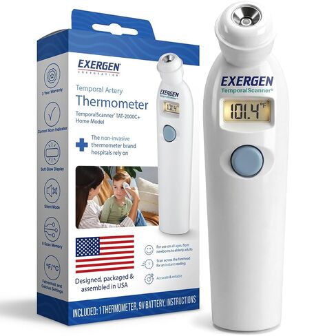 Exergen TAT-2000C+ Temporal Artery Thermometer, White, 1 Count, 9V Included | For newborns to adults, Soft Glow LCD, silent mode, 8 memory readings, wipe clean probe, optional caps, forehead scan at home in Kuwait