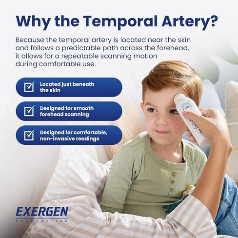 Exergen TAT-2000C+ Temporal Artery Thermometer, White, 1 Count, 9V Included | For newborns to adults, Soft Glow LCD, silent mode, 8 memory readings, wipe clean probe, optional caps, forehead scan at home in Kuwait
