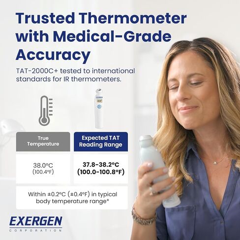 Exergen TAT-2000C+ Temporal Artery Thermometer, White, 1 Count, 9V Included | For newborns to adults, Soft Glow LCD, silent mode, 8 memory readings, wipe clean probe, optional caps, forehead scan at home in Kuwait