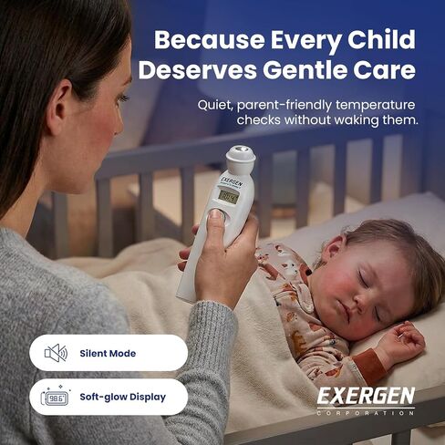 Exergen TAT-2000C+ Temporal Artery Thermometer, White, 1 Count, 9V Included | For newborns to adults, Soft Glow LCD, silent mode, 8 memory readings, wipe clean probe, optional caps, forehead scan at home in Kuwait