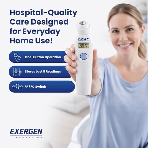 Exergen TAT-2000C+ Temporal Artery Thermometer, White, 1 Count, 9V Included | For newborns to adults, Soft Glow LCD, silent mode, 8 memory readings, wipe clean probe, optional caps, forehead scan at home in Kuwait