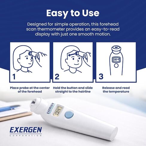 Exergen TAT-2000C+ Temporal Artery Thermometer, White, 1 Count, 9V Included | For newborns to adults, Soft Glow LCD, silent mode, 8 memory readings, wipe clean probe, optional caps, forehead scan at home in Kuwait