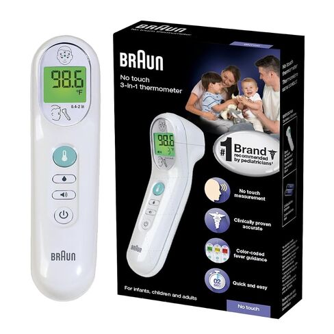 Braun No Touch 3-in-1 Thermometer for Adults, Kids, Babies, Measure Forehead, Liquid, Food Temps, Adult & Baby Thermometer, Professional Accuracy, Color Coded Fever Guidance in Kuwait