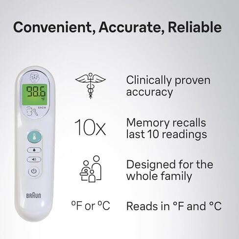 Braun No Touch 3-in-1 Thermometer for Adults, Kids, Babies, Measure Forehead, Liquid, Food Temps, Adult & Baby Thermometer, Professional Accuracy, Color Coded Fever Guidance in Kuwait