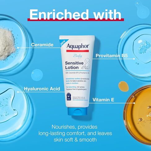 Aquaphor Baby Sensitive Lotion, Gentle Moisturizer, 8 FL OZ | Baby Lotion with Ceramide NP and Pro-Vitamin B5, Soothes and Moisturizes Delicate Skin, Dye, Paraben and Fragrance Free in Kuwait