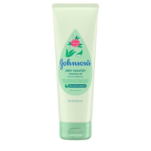 Johnson's Skin Nourish Creamy Oil, Aloe Scent & Vitamin E, Creamy Oil Helps Prevent Dryness & Moisturizes Baby's Delicate Skin for 24 Hours, Hypoallergenic & Non-Greasy, 8 fl. oz in Kuwait