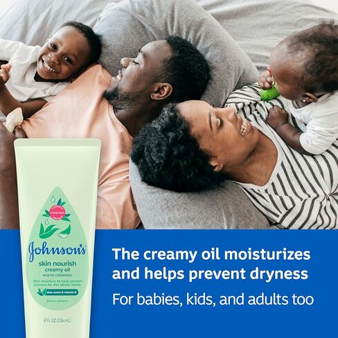 Johnson's Skin Nourish Creamy Oil, Aloe Scent & Vitamin E, Creamy Oil Helps Prevent Dryness & Moisturizes Baby's Delicate Skin for 24 Hours, Hypoallergenic & Non-Greasy, 8 fl. oz in Kuwait