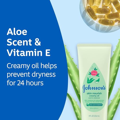 Johnson's Skin Nourish Creamy Oil, Aloe Scent & Vitamin E, Creamy Oil Helps Prevent Dryness & Moisturizes Baby's Delicate Skin for 24 Hours, Hypoallergenic & Non-Greasy, 8 fl. oz in Kuwait