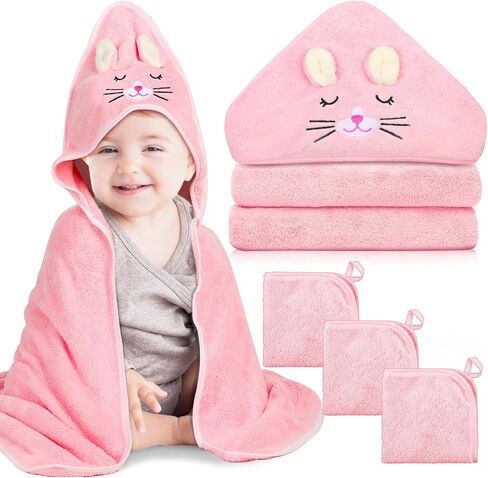 4 PCS Hooded Baby Towels Set, Absorbent Baby Bath Towel, Soft Baby Towels and 3 PCS Baby Washcloths for Newborns, Toddlers, and Kids, 32x32 in Baby Towel with Hood for Boy and Girl (Pink Kittens) in Kuwait