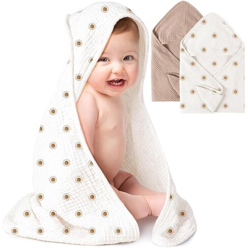 Konssy 2-Pack Muslin Hooded Baby Towels, Bath Towel for Newborns, Toddlers | 32 x 32 In, Ultra-Soft & Absorbent, 100% Cotton Bath Towels Set With Hood for Infants, Boys and Girls (Pink, Floral) in Kuwait
