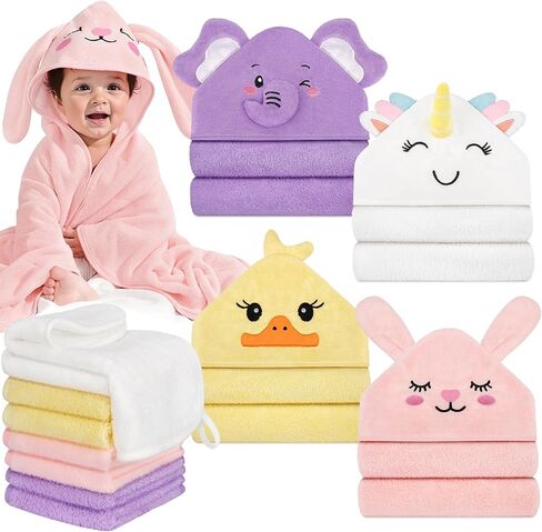 12 PCS Baby Bath Towels Set, Baby Towels for Newborn Bath Essentials Gifts | Animal Hooded, Thick Soft Absorbent, 4 Baby Towels & 8 Washcloths for Girl Boy Toddlers (Elephant, Unicorn, Duck, Rabbit) in Kuwait