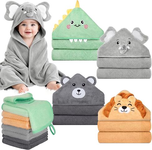 12 PCS Baby Bath Towels Set, Baby Towels for Newborn Bath Essentials | Ultra Soft Cozy, Thick & Absorbent, Cute Animal Hooded, 4 PCS Baby Towels & 8 PCS Washcloths, for Infants, Toddlers Boy Girl in Kuwait