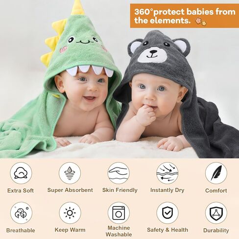 12 PCS Baby Bath Towels Set, Baby Towels for Newborn Bath Essentials | Ultra Soft Cozy, Thick & Absorbent, Cute Animal Hooded, 4 PCS Baby Towels & 8 PCS Washcloths, for Infants, Toddlers Boy Girl in Kuwait
