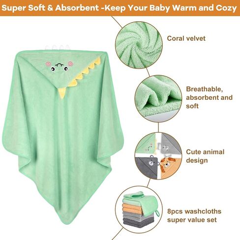 12 PCS Baby Bath Towels Set, Baby Towels for Newborn Bath Essentials | Ultra Soft Cozy, Thick & Absorbent, Cute Animal Hooded, 4 PCS Baby Towels & 8 PCS Washcloths, for Infants, Toddlers Boy Girl in Kuwait