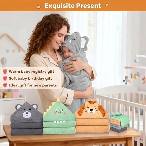 12 PCS Baby Bath Towels Set, Baby Towels for Newborn Bath Essentials | Ultra Soft Cozy, Thick & Absorbent, Cute Animal Hooded, 4 PCS Baby Towels & 8 PCS Washcloths, for Infants, Toddlers Boy Girl in Kuwait