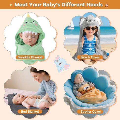 12 PCS Baby Bath Towels Set, Baby Towels for Newborn Bath Essentials | Ultra Soft Cozy, Thick & Absorbent, Cute Animal Hooded, 4 PCS Baby Towels & 8 PCS Washcloths, for Infants, Toddlers Boy Girl in Kuwait